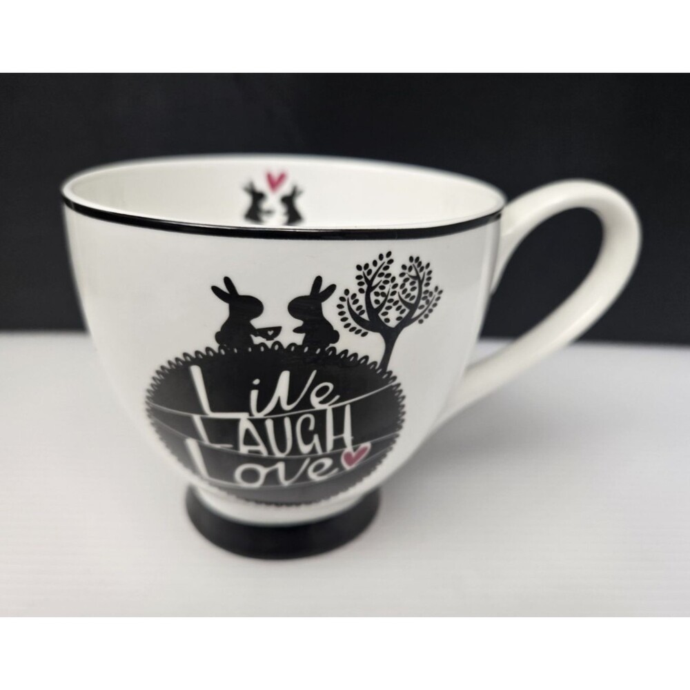 Portobello By Inspire Mug Live Laugh Love Black & White Bunny Bone China 16 oz